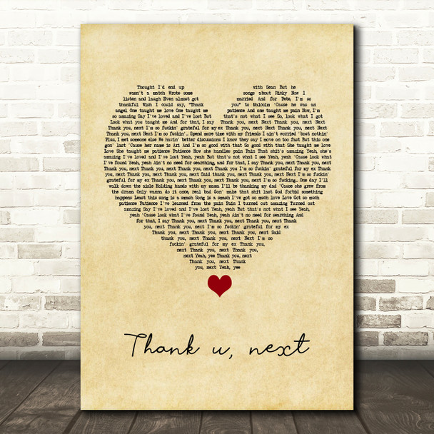 Ariana Grande Thank u, next Vintage Heart Song Lyric Quote Music Poster Print