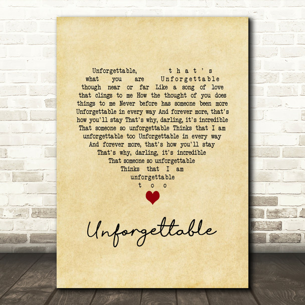 Nat King Cole Unforgettable Vintage Heart Song Lyric Quote Music Poster Print