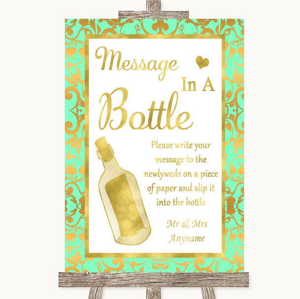 Mint Green & Gold Message In A Bottle Personalized Wedding Sign