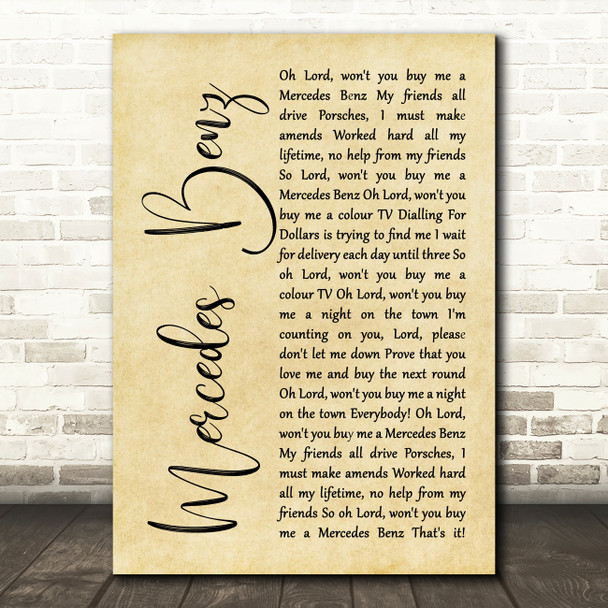 Janis Joplin Mercedes Benz Rustic Script Song Lyric Quote Music Poster Print