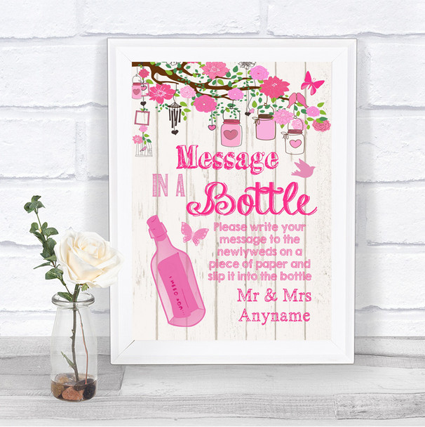 Pink Rustic Wood Message In A Bottle Personalized Wedding Sign