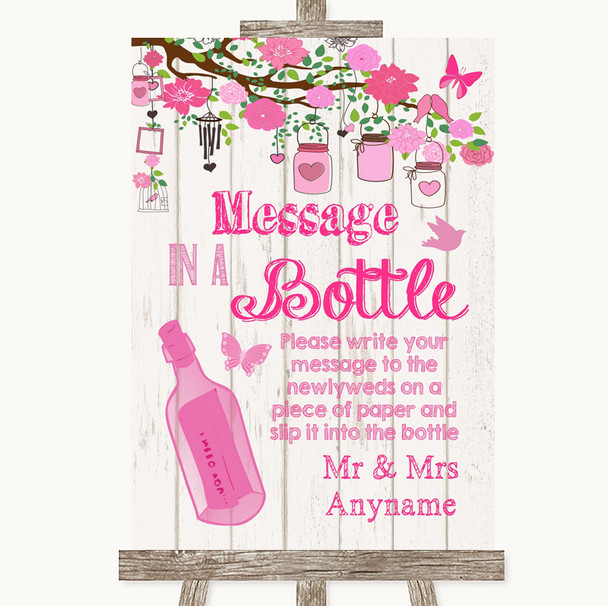 Pink Rustic Wood Message In A Bottle Personalized Wedding Sign