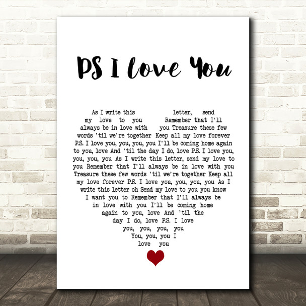 The Beatles P.S. I Love You White Heart Song Lyric Quote Music Poster Print