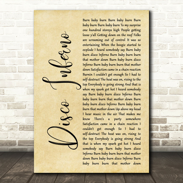 The Trammps Disco Inferno Rustic Script Song Lyric Quote Music Poster Print