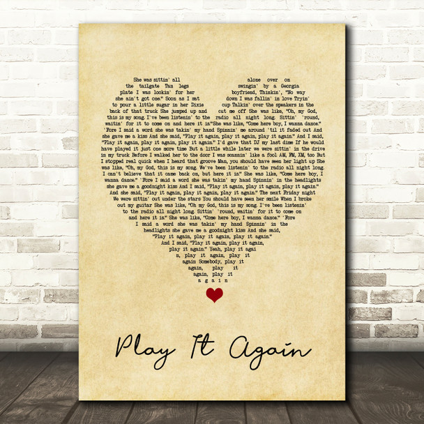 Luke Bryan Play It Again Vintage Heart Song Lyric Quote Music Poster Print