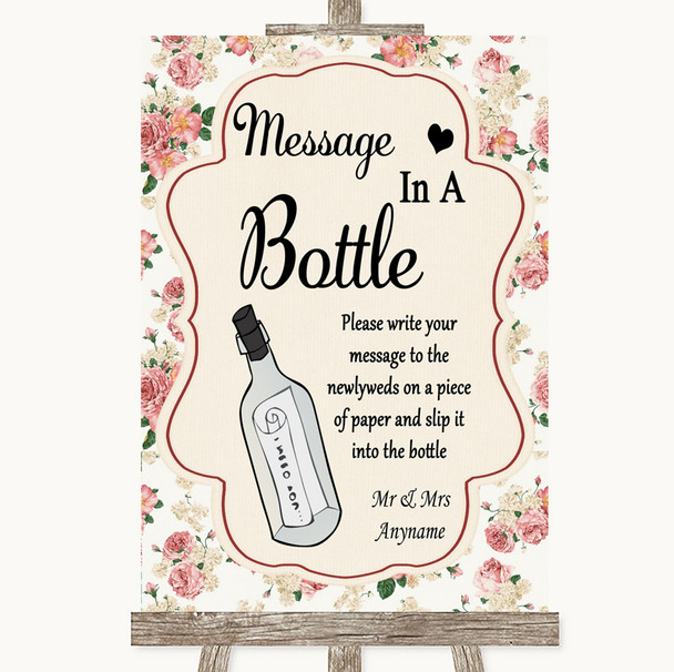 Vintage Roses Message In A Bottle Personalized Wedding Sign