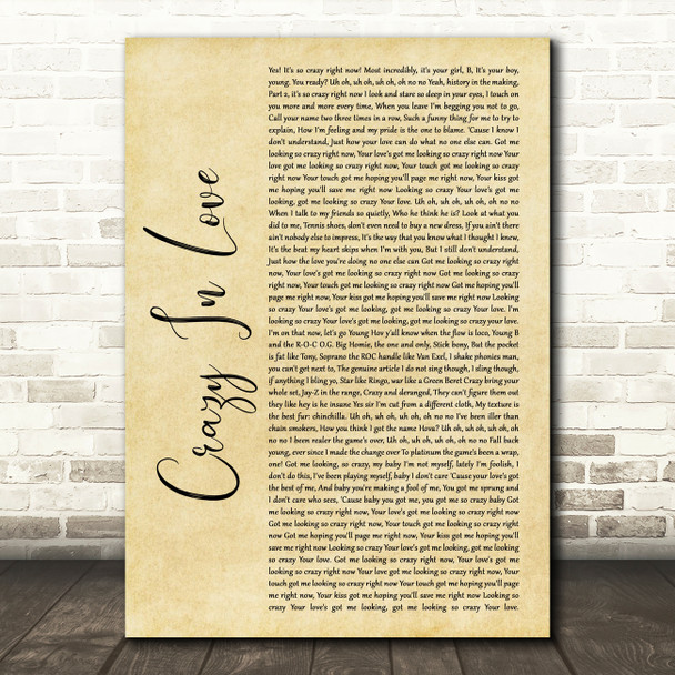 Beyonce Crazy In Love Rustic Script Song Lyric Quote Music Poster Print