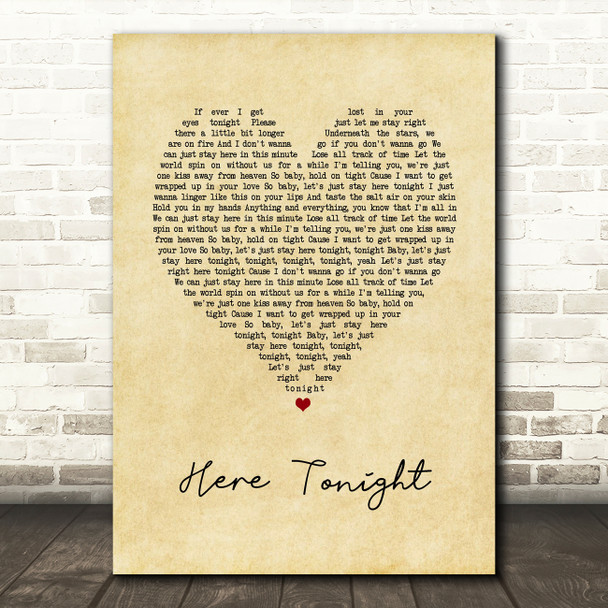 Brett Young Here Tonight Vintage Heart Song Lyric Quote Music Poster Poster Print