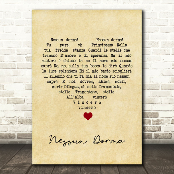 Luciano Pavarotti Nessun Dorma Vintage Heart Song Lyric Quote Music Poster Print