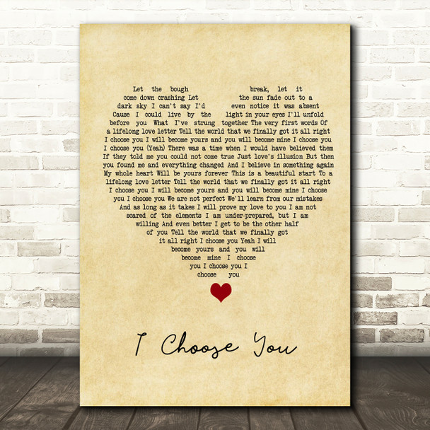 Sara Bareilles I Choose You Vintage Heart Song Lyric Quote Music Poster Print