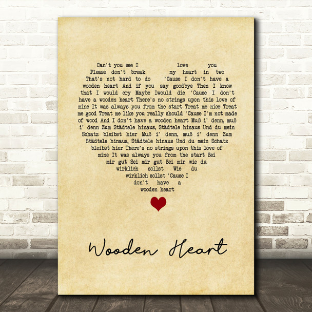 Elvis Presley Wooden Heart Vintage Heart Song Lyric Quote Music Poster Print