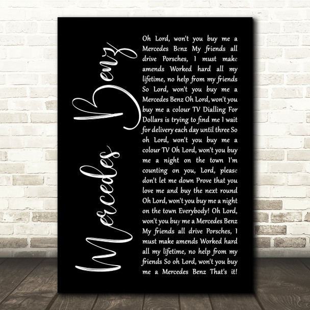 Janis Joplin Mercedes Benz Black Script Song Lyric Quote Music Poster Print