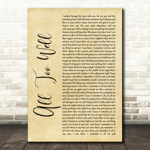 Taylor Swift All Too Well Rustic Script Song Lyric Quote Music Poster Print