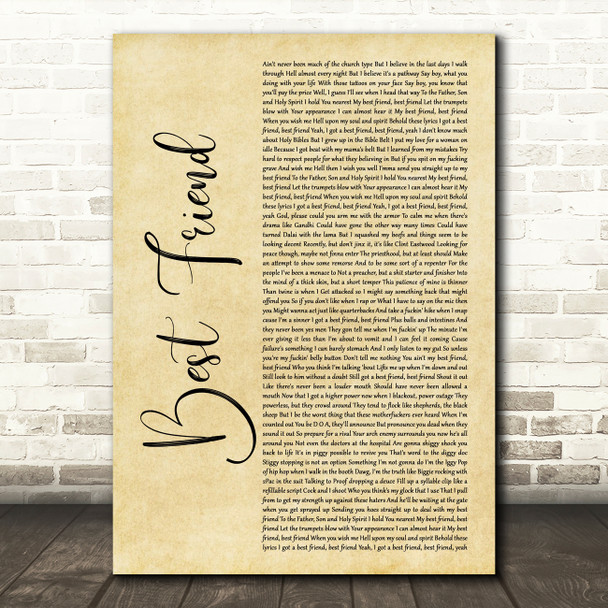 Yelawolf ft. Eminem Best Friend Rustic Script Song Lyric Quote Music Poster Print