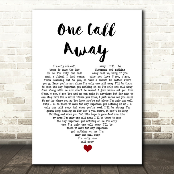 Charlie Puth One Call Away White Heart Song Lyric Quote Music Poster Print