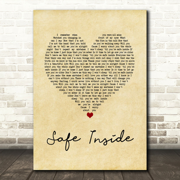 James Arthur Safe Inside Vintage Heart Song Lyric Quote Music Poster Print