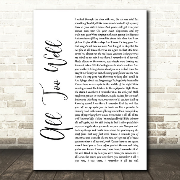 Taylor Swift All Too Well White Script Song Lyric Quote Music Poster Print