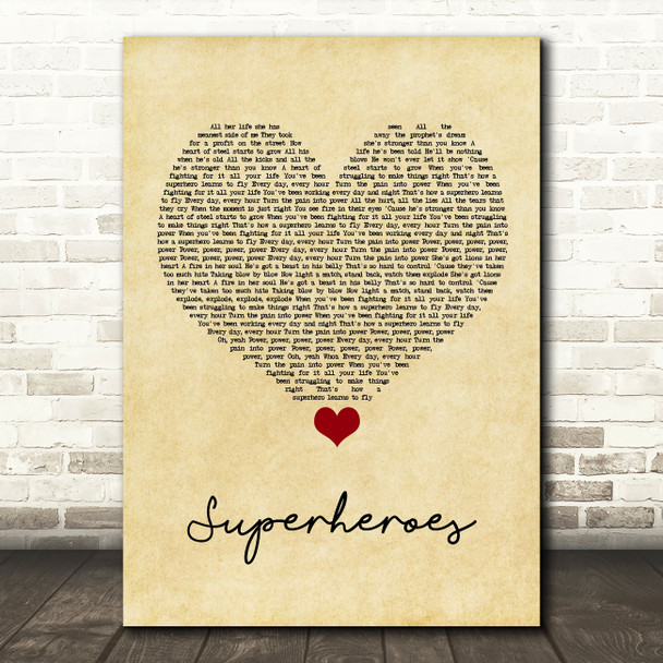 The Script Superheroes Vintage Heart Song Lyric Quote Music Poster Print