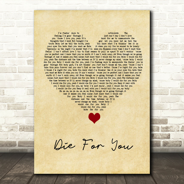 The Weeknd Die For You Vintage Heart Song Lyric Quote Music Poster Print