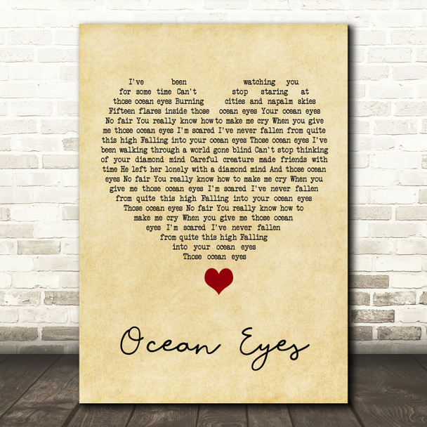 Billie Eilish Ocean Eyes Vintage Heart Song Lyric Quote Music Poster Print