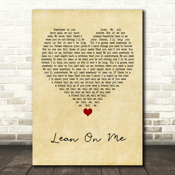 Bill Withers Lean On Me Vintage Heart Song Lyric Quote Music Poster Print