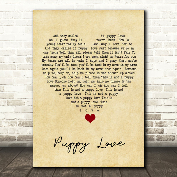 Donny Osmond Puppy Love Vintage Heart Song Lyric Quote Music Poster Print