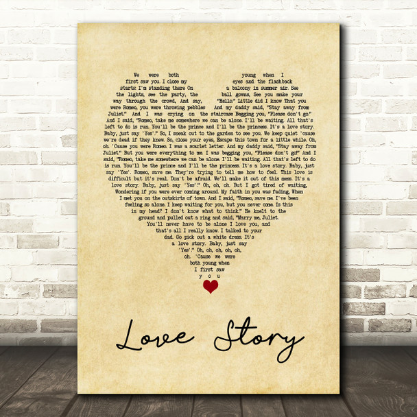 Taylor Swift Love Story Vintage Heart Song Lyric Quote Music Poster Print