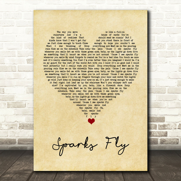 Taylor Swift Sparks Fly Vintage Heart Song Lyric Quote Music Poster Print