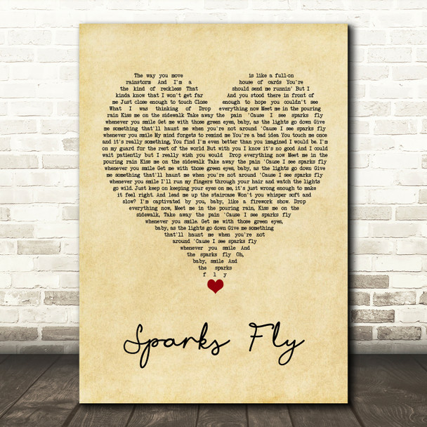 Taylor Swift Sparks Fly Vintage Heart Song Lyric Quote Music Poster Print