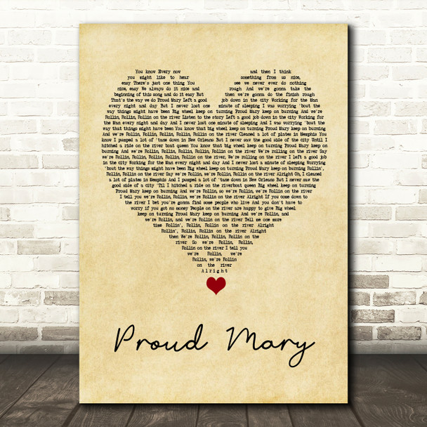 Tina Turner Proud Mary Vintage Heart Song Lyric Quote Music Poster Print