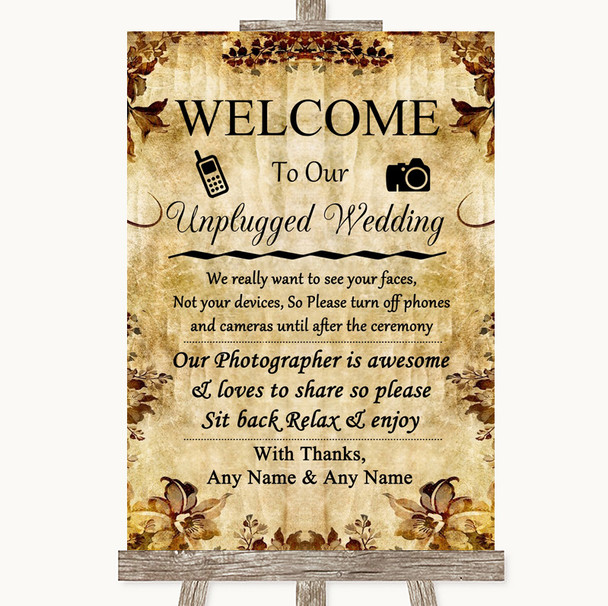 Autumn Vintage No Phone Camera Unplugged Personalized Wedding Sign