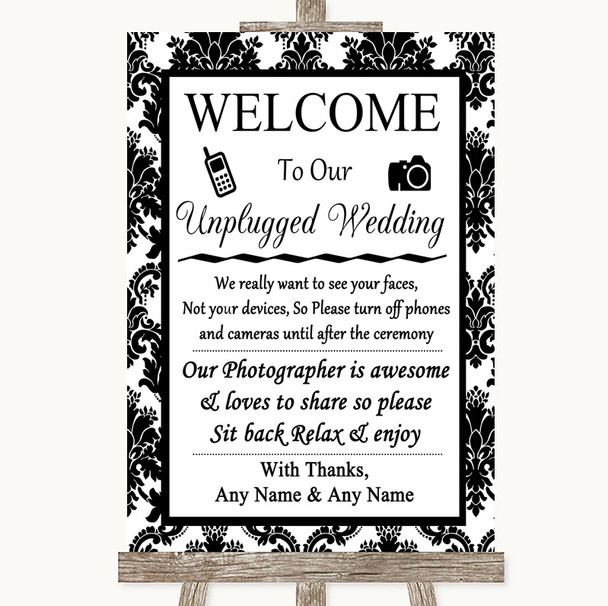 Black & White Damask No Phone Camera Unplugged Personalized Wedding Sign