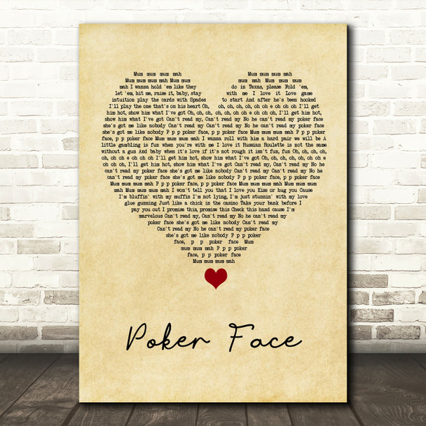 Lady Gaga Poker Face Vintage Heart Song Lyric Quote Music Poster Print