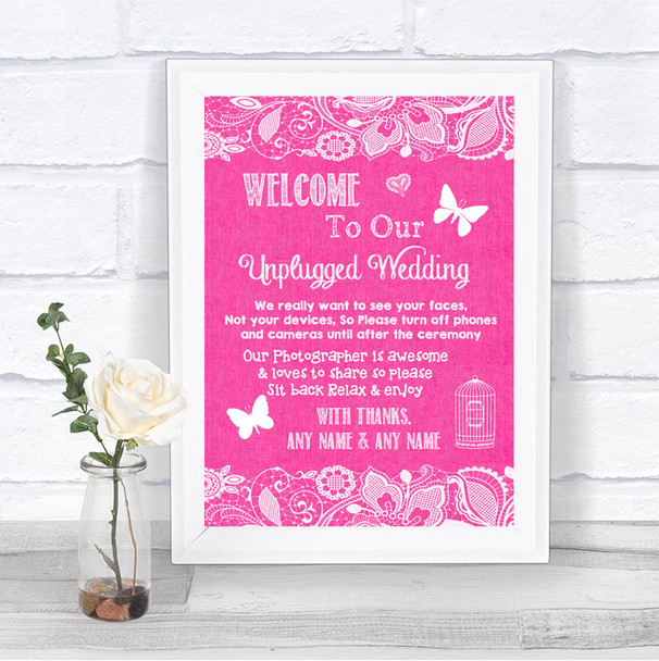 Bright Pink Burlap & Lace No Phone Camera Unplugged Personalized Wedding Sign