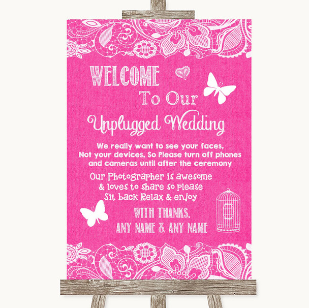 Bright Pink Burlap & Lace No Phone Camera Unplugged Personalized Wedding Sign