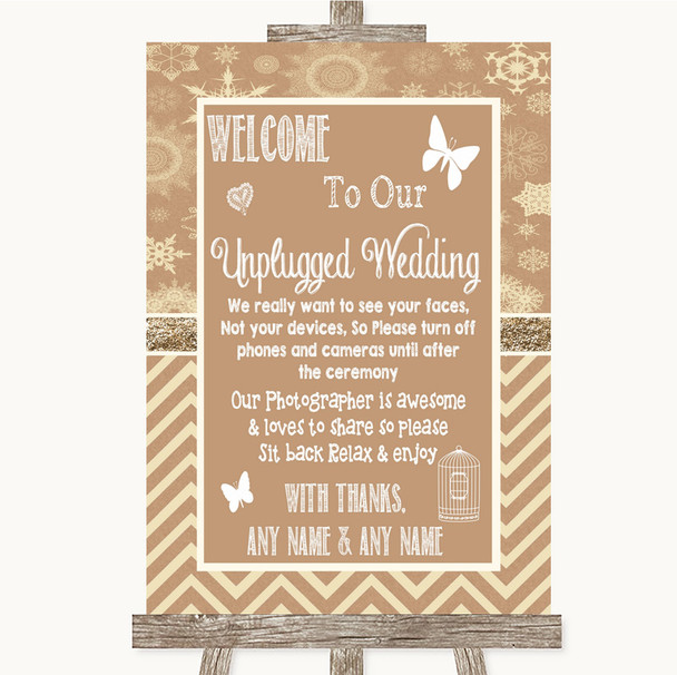 Brown Winter No Phone Camera Unplugged Personalized Wedding Sign