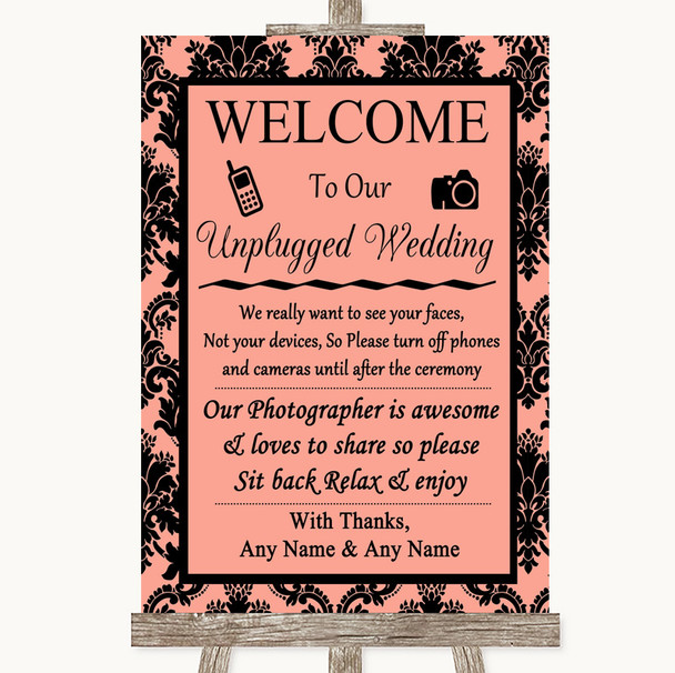 Coral Damask No Phone Camera Unplugged Personalized Wedding Sign