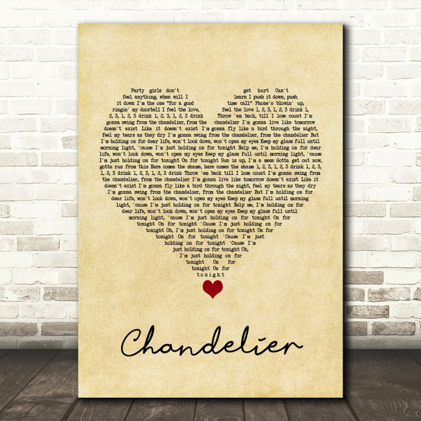 Sia Chandelier Vintage Heart Song Lyric Quote Music Poster Print