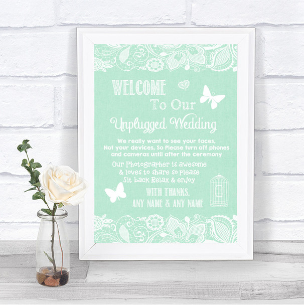 Green Burlap & Lace No Phone Camera Unplugged Personalized Wedding Sign