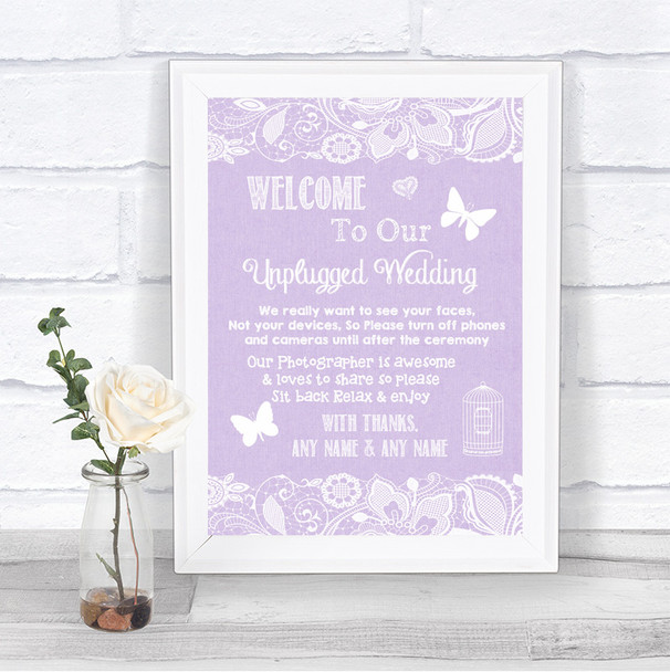 Lilac Burlap & Lace No Phone Camera Unplugged Personalized Wedding Sign