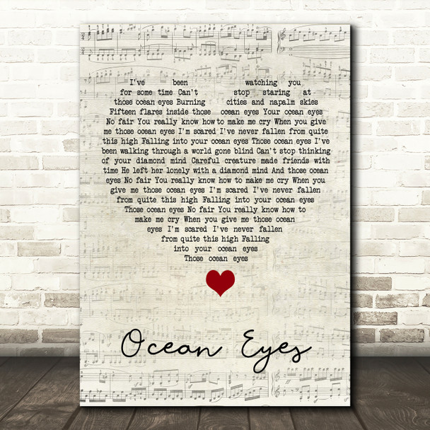 Billie Eilish Ocean Eyes Script Heart Song Lyric Quote Music Poster Print
