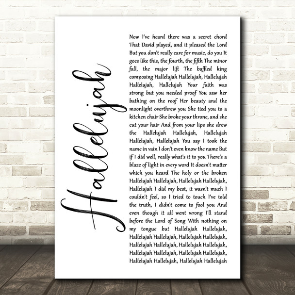 Leonard Cohen Hallelujah White Script Song Lyric Quote Music Poster Print