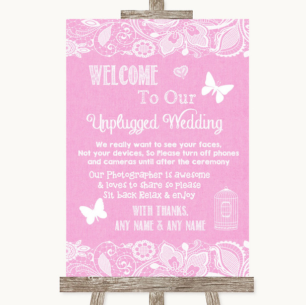 Pink Burlap & Lace No Phone Camera Unplugged Personalized Wedding Sign