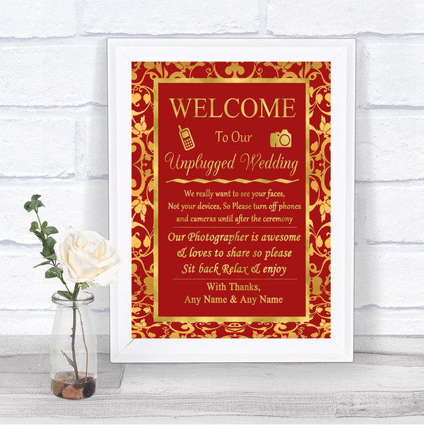 Red & Gold No Phone Camera Unplugged Personalized Wedding Sign