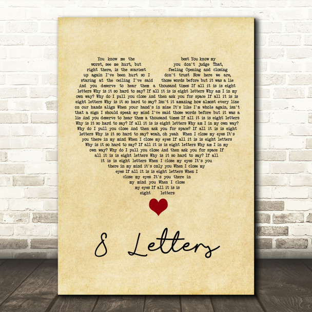 Why Don't We 8 Letters Vintage Heart Song Lyric Quote Music Poster Print