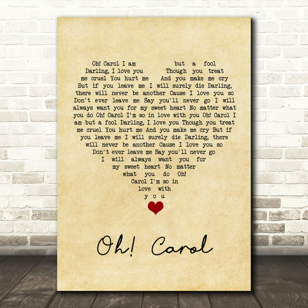 Neil Sedaka Oh! Carol Vintage Heart Song Lyric Quote Music Poster Print