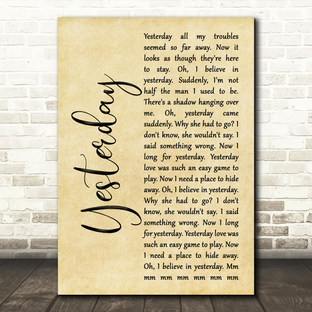 The Beatles Yesterday Rustic Script Song Lyric Quote Music Poster Print