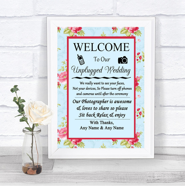 Shabby Chic Floral No Phone Camera Unplugged Personalized Wedding Sign