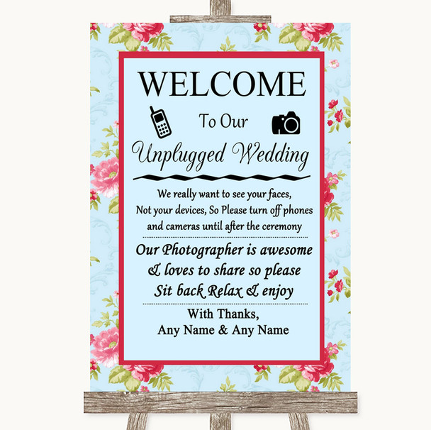 Shabby Chic Floral No Phone Camera Unplugged Personalized Wedding Sign