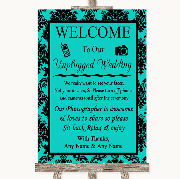 Turquoise Damask No Phone Camera Unplugged Personalized Wedding Sign